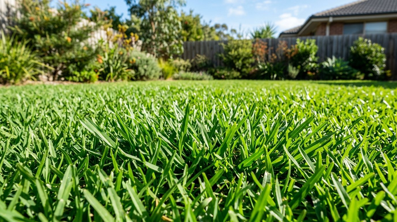 Lush green Australian lawn turf in a sunny backyard