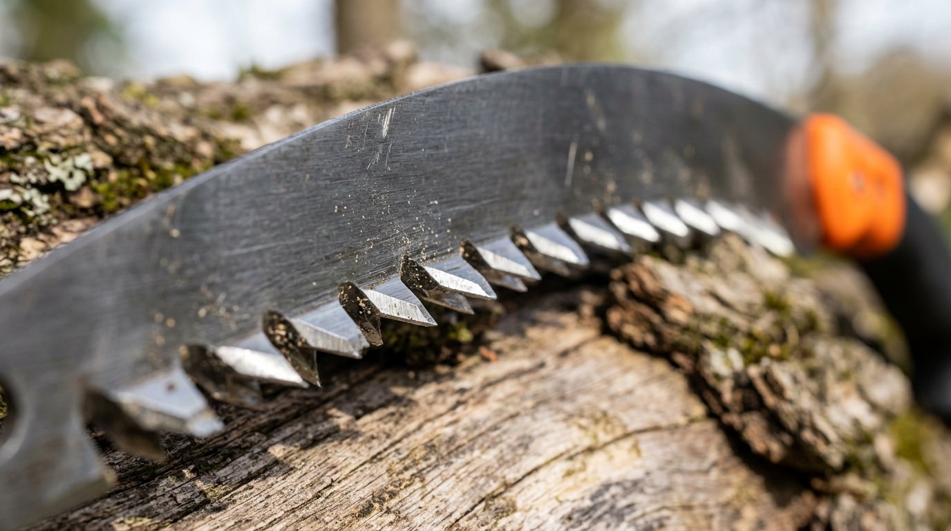 Using a folding pruning saw to cut a tree branch