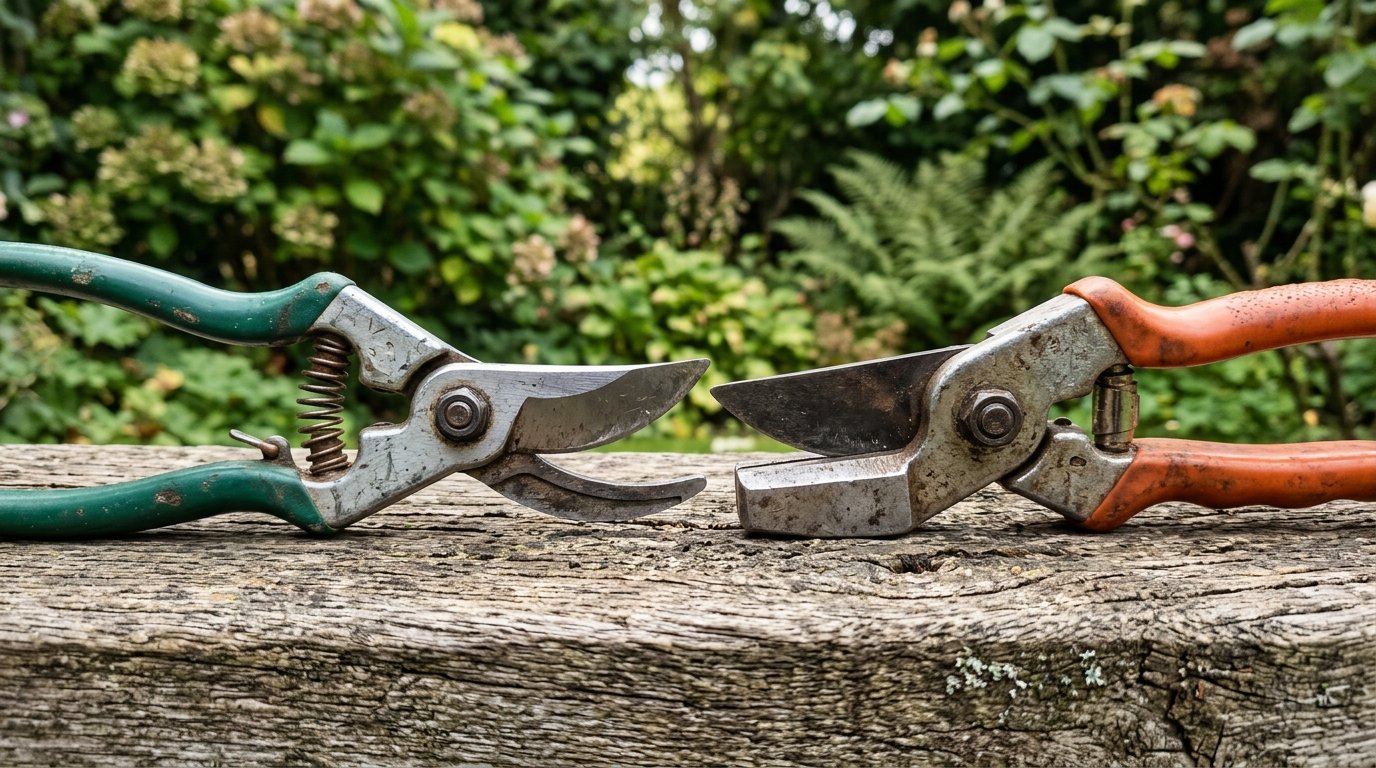 Using bypass secateurs to cleanly cut a green plant stem