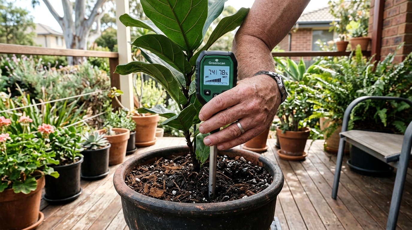 A soil moisture meter probe pushed into a garden bed with the dial showing