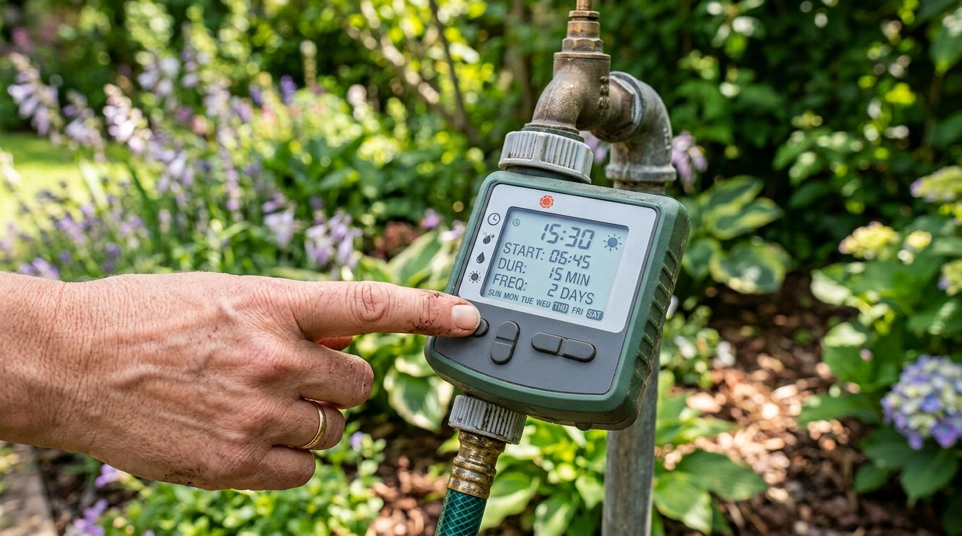 A digital tap timer attached to an outdoor garden tap