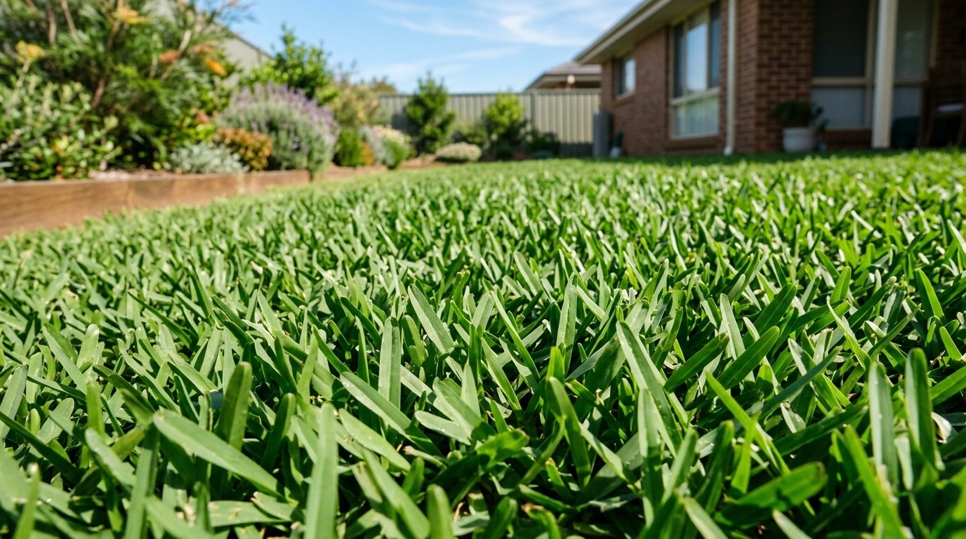 Close detail of dense buffalo grass lawn blades in Australia