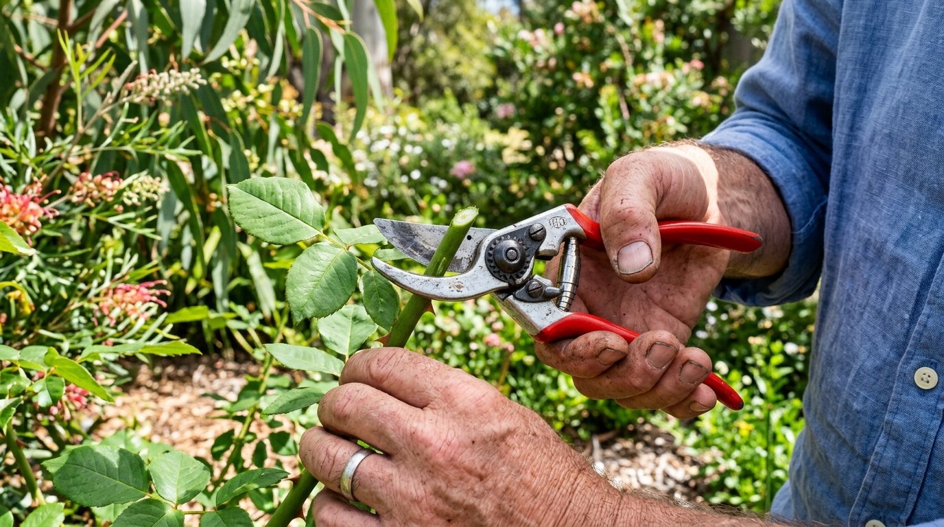 A bypass secateurs and an anvil secateurs side by side
