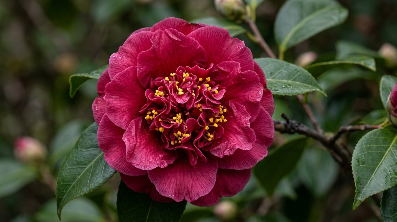 Close-up of a single Takanini camellia flower showing layered ruffled petals and rich burgundy-pink colour