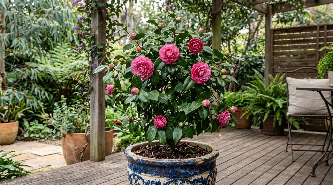 Camellia Takanini trained as a flowering informal hedge along a fence covered in rich pink-red blooms