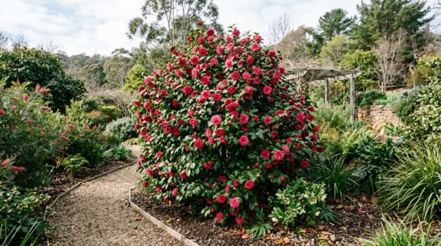 Camellia japonica Takanini shrub covered in deep anemone-form pinkish-red double blooms with glossy dark green leaves