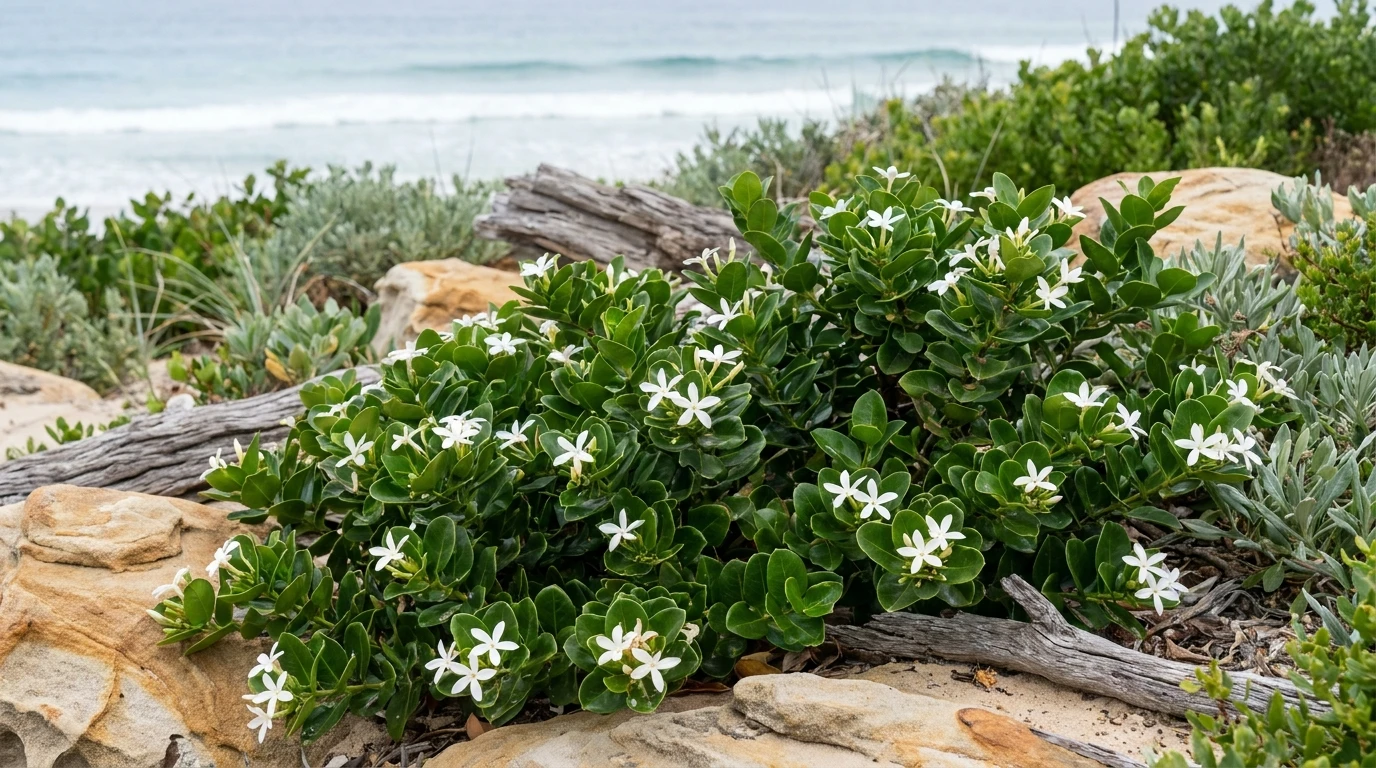 Carissa 'Desert Star' thriving in an exposed sandy coastal garden bed