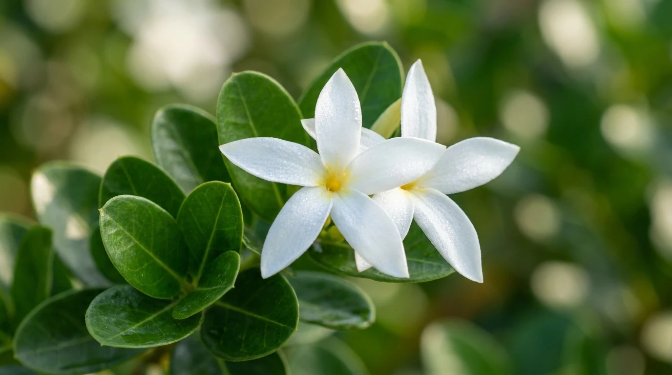 Macro of a white five-petal star-shaped Carissa 'Desert Star' flower
