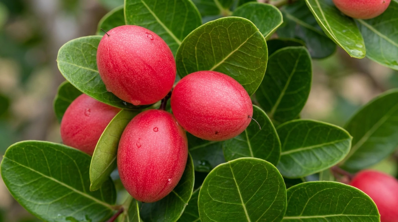 Ripe red Natal Plum fruit of Carissa 'Desert Star' among glossy dark-green leaves