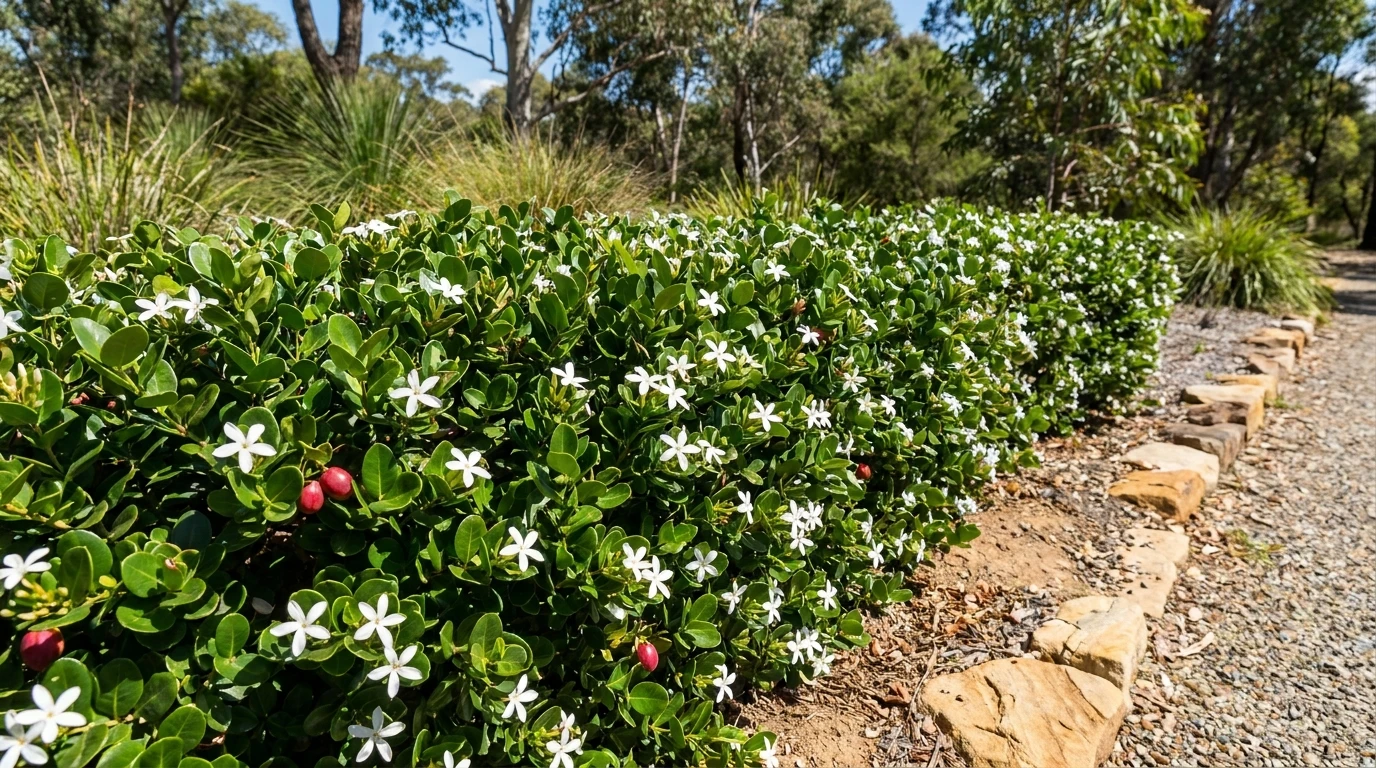 Compact Carissa 'Desert Star' Natal Plum as a neat low evergreen hedge with white star flowers