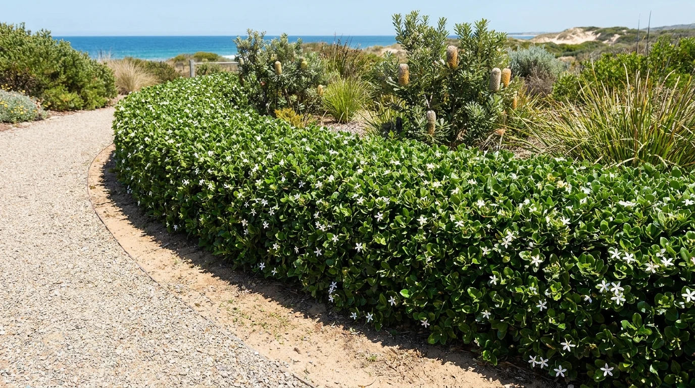 Carissa 'Desert Star' clipped as a low border hedge edging a coastal garden path