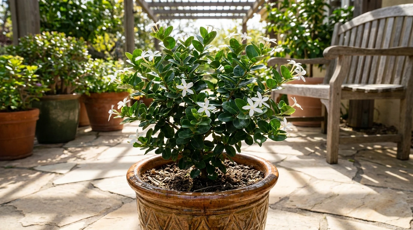 Carissa 'Desert Star' as a compact feature in a decorative pot on a patio