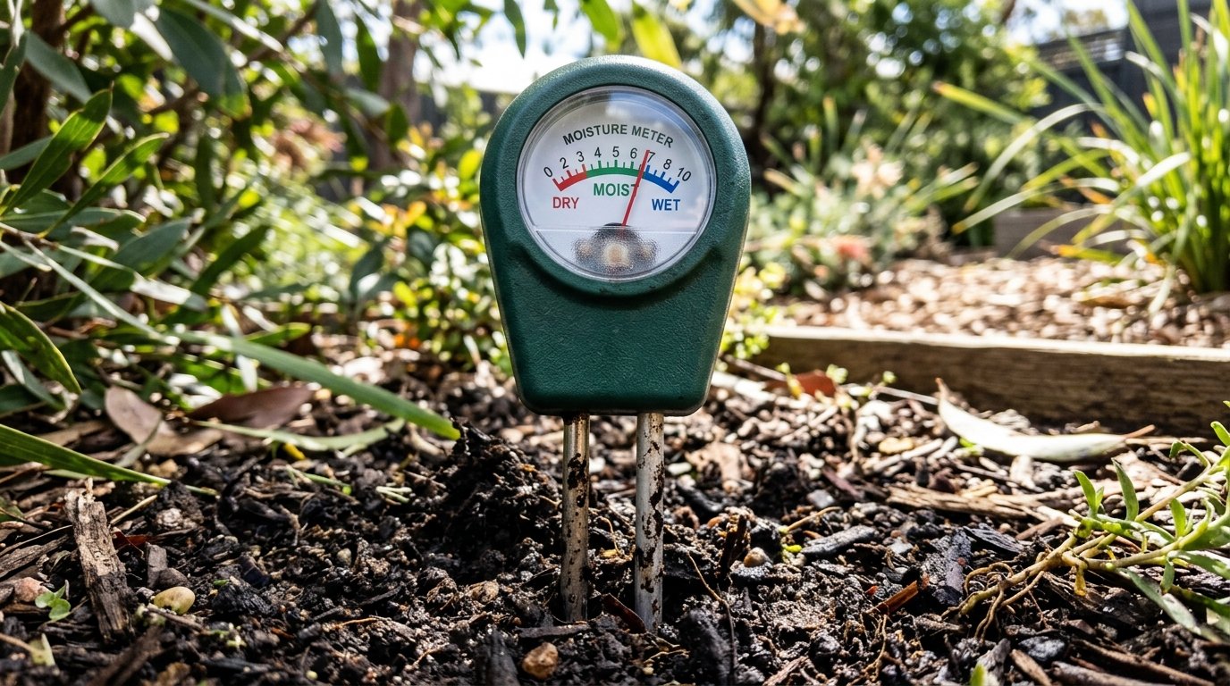 Checking a potted plant soil moisture with a handheld moisture meter