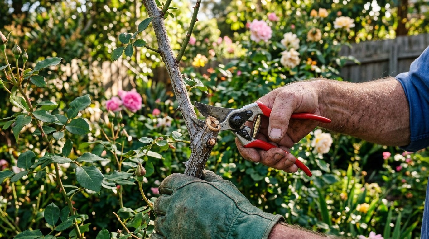 Cleaning and oiling secateurs blades with a cloth