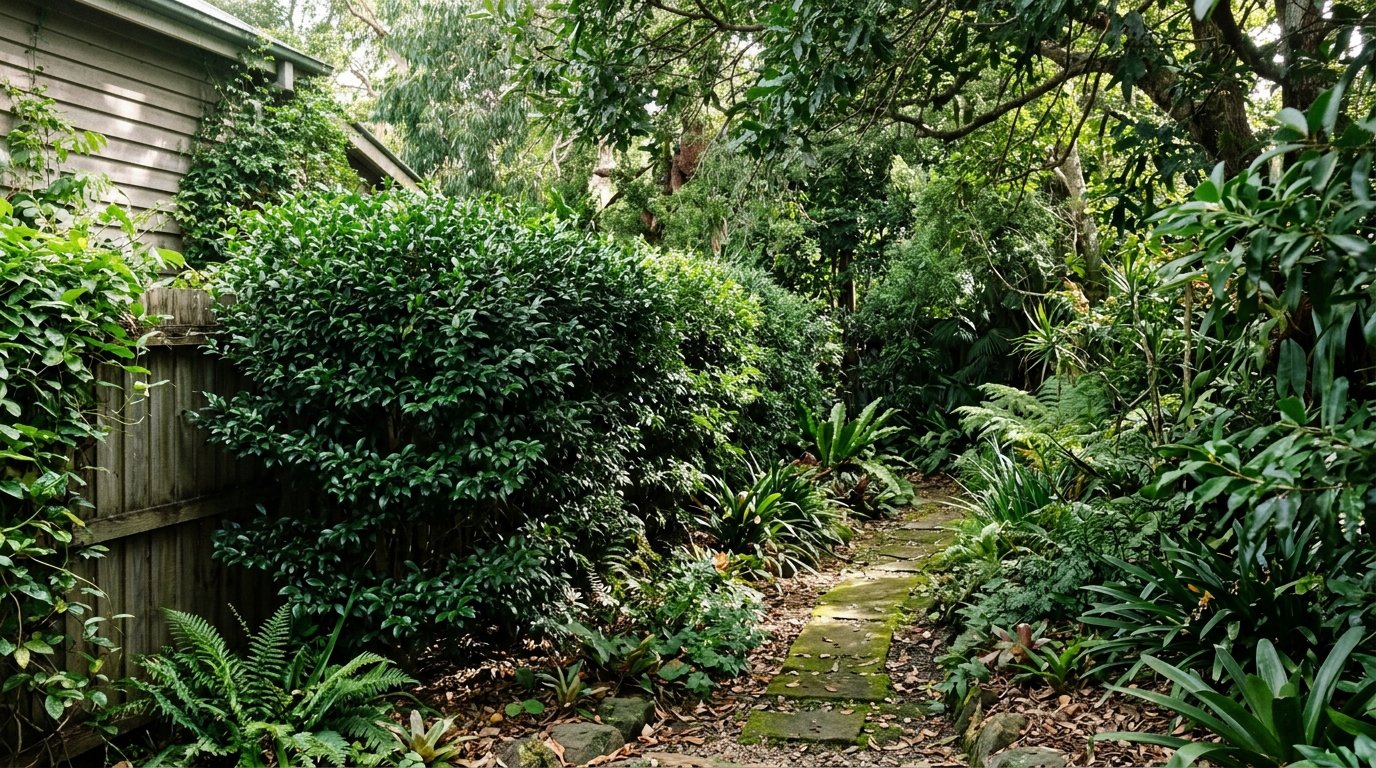 Coastal front garden with a low salt-tolerant clipped hedge, sandy soil and hardy grey-green foliage near the beach
