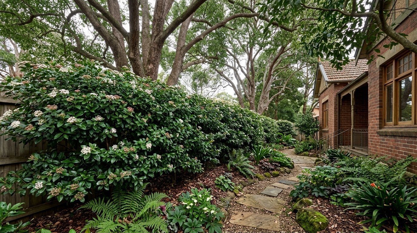 Hardy coastal Westringia hedge thriving on an exposed seaside property with ocean and dunes behind, wind-tolerant silvery foliage