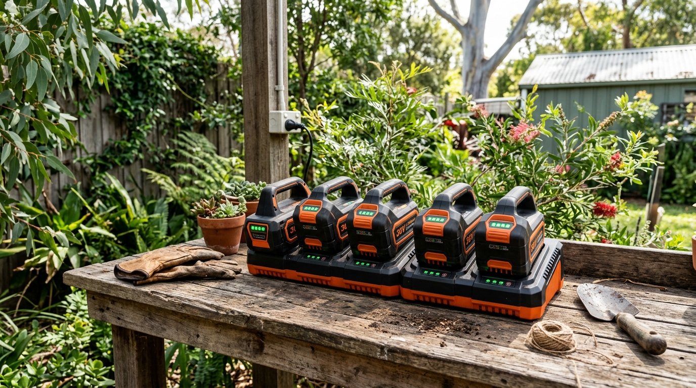 A cordless battery hedge trimmer and a petrol hedge trimmer side by side