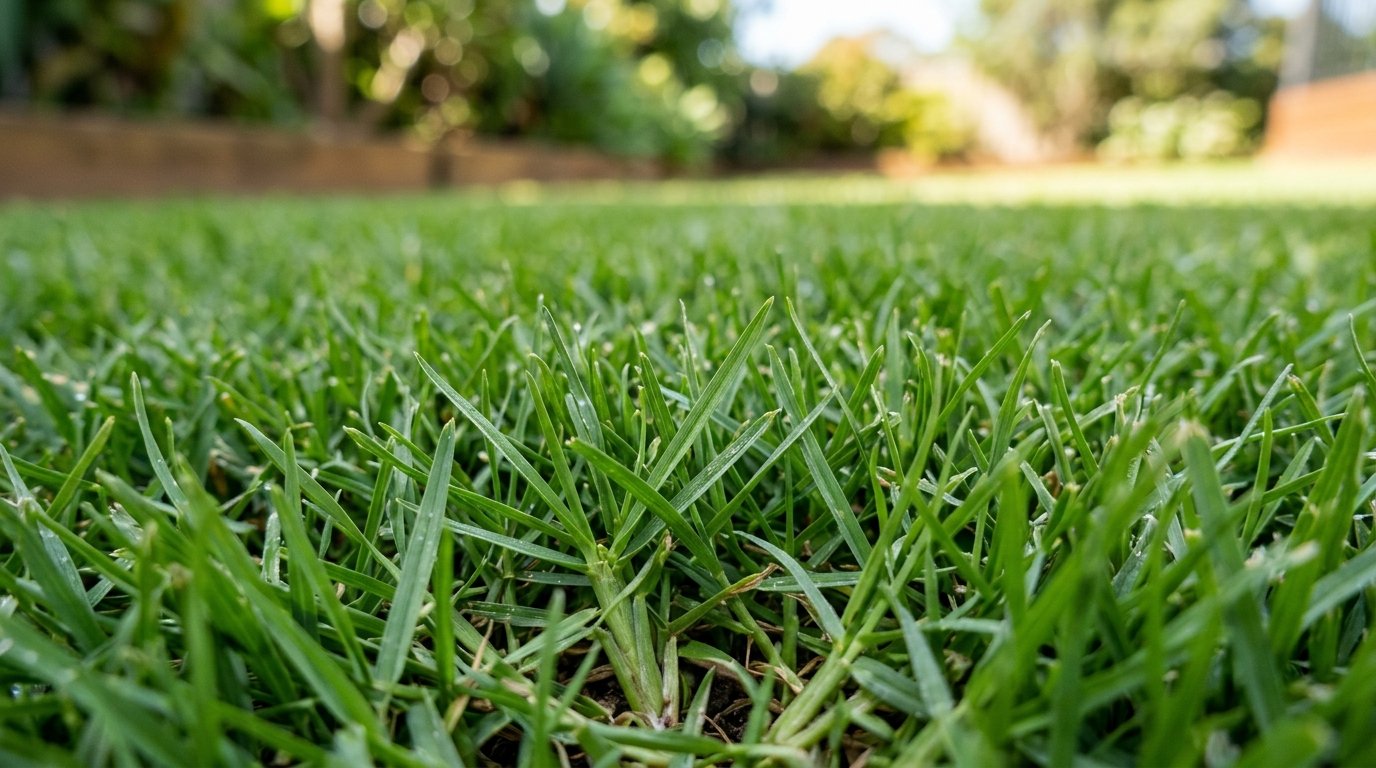 Close-up of a fine-bladed manicured green couch grass lawn