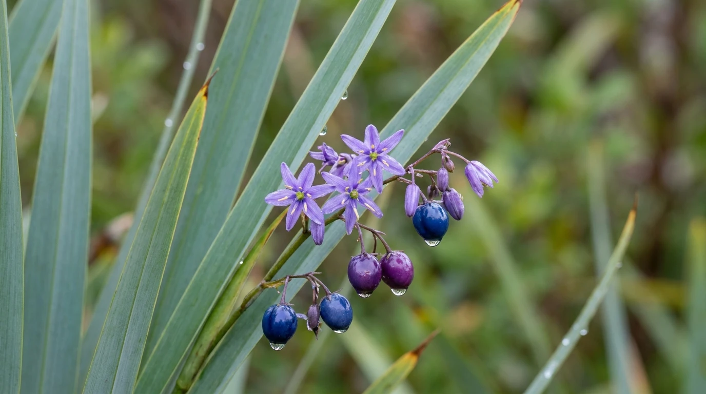 Blue-green Dianella strappy foliage with small purple star flowers and blue-purple berries