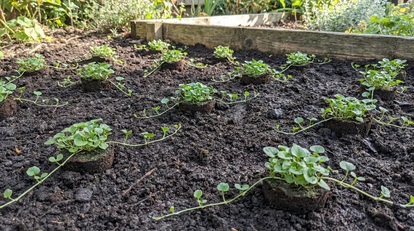 Newly planted small Dichondra repens plugs spaced across prepared soil, beginning to spread