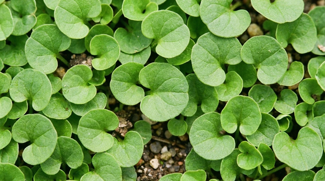 Macro of small round green kidney-shaped Dichondra repens leaves forming a dense mat