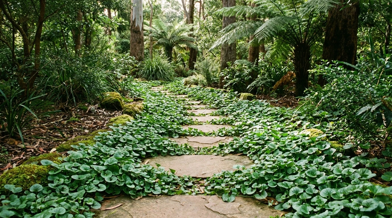 Green Dichondra repens growing between stepping-stone pavers along a garden path
