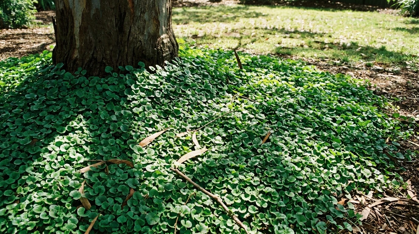 Dichondra repens groundcover beneath an established tree in dappled shade