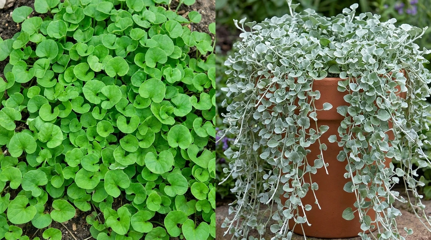 Green Dichondra repens next to silver Dichondra 'Silver Falls' showing foliage colour difference