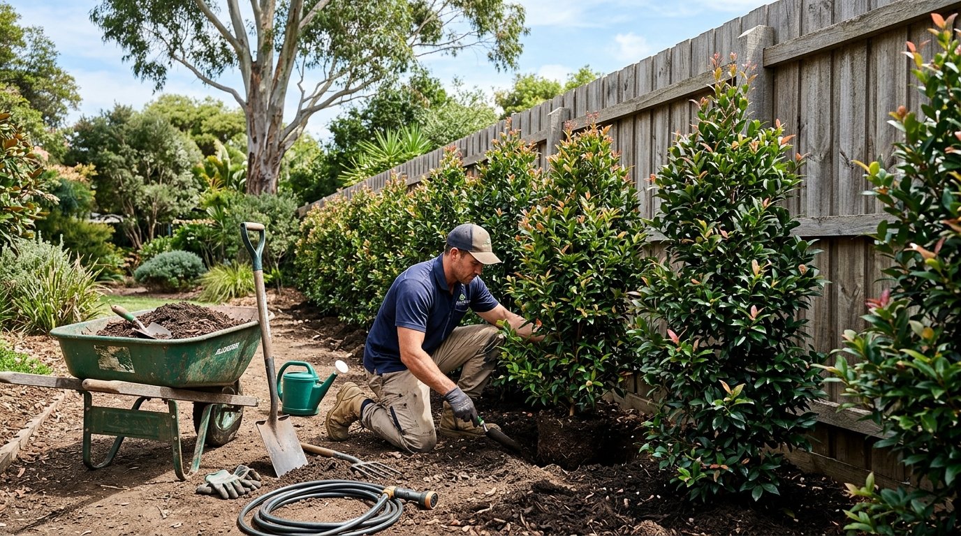 Homeowner DIY planting budget-friendly hedge tubestock into a prepared trench with a spade for a low-cost approach