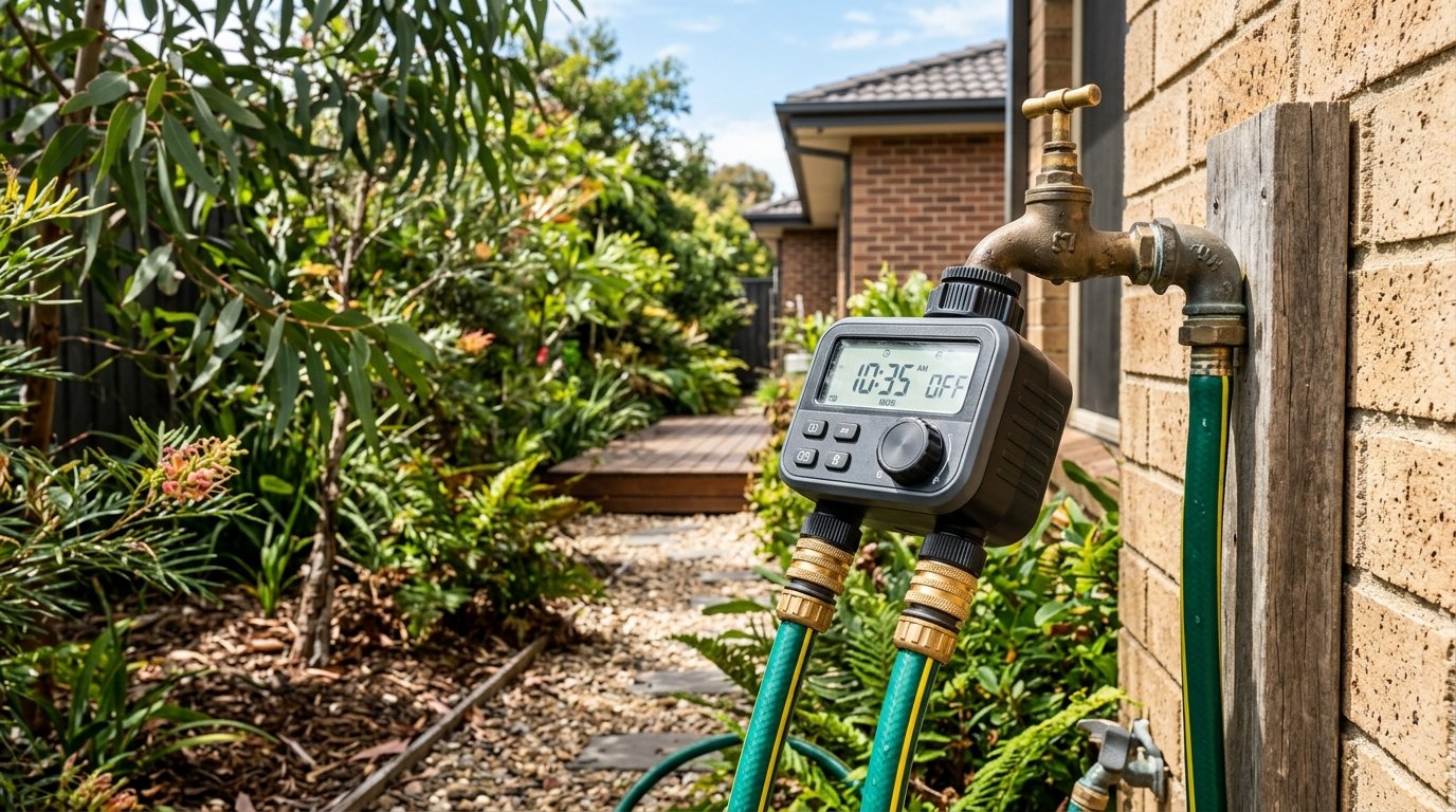 A drip irrigation system with dripper tubing watering a garden bed