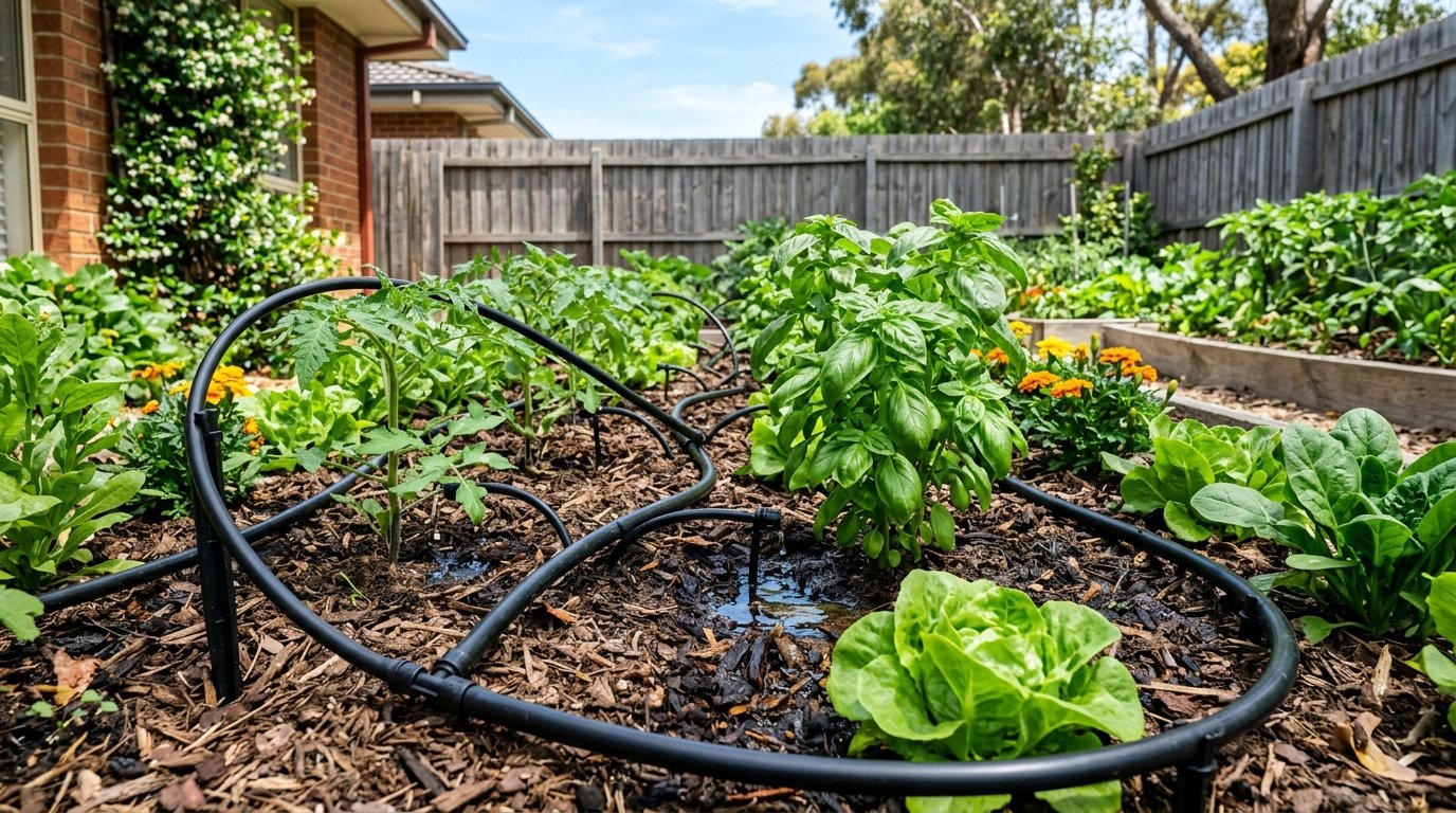 A dual-outlet tap timer connected to two garden hoses on a tap