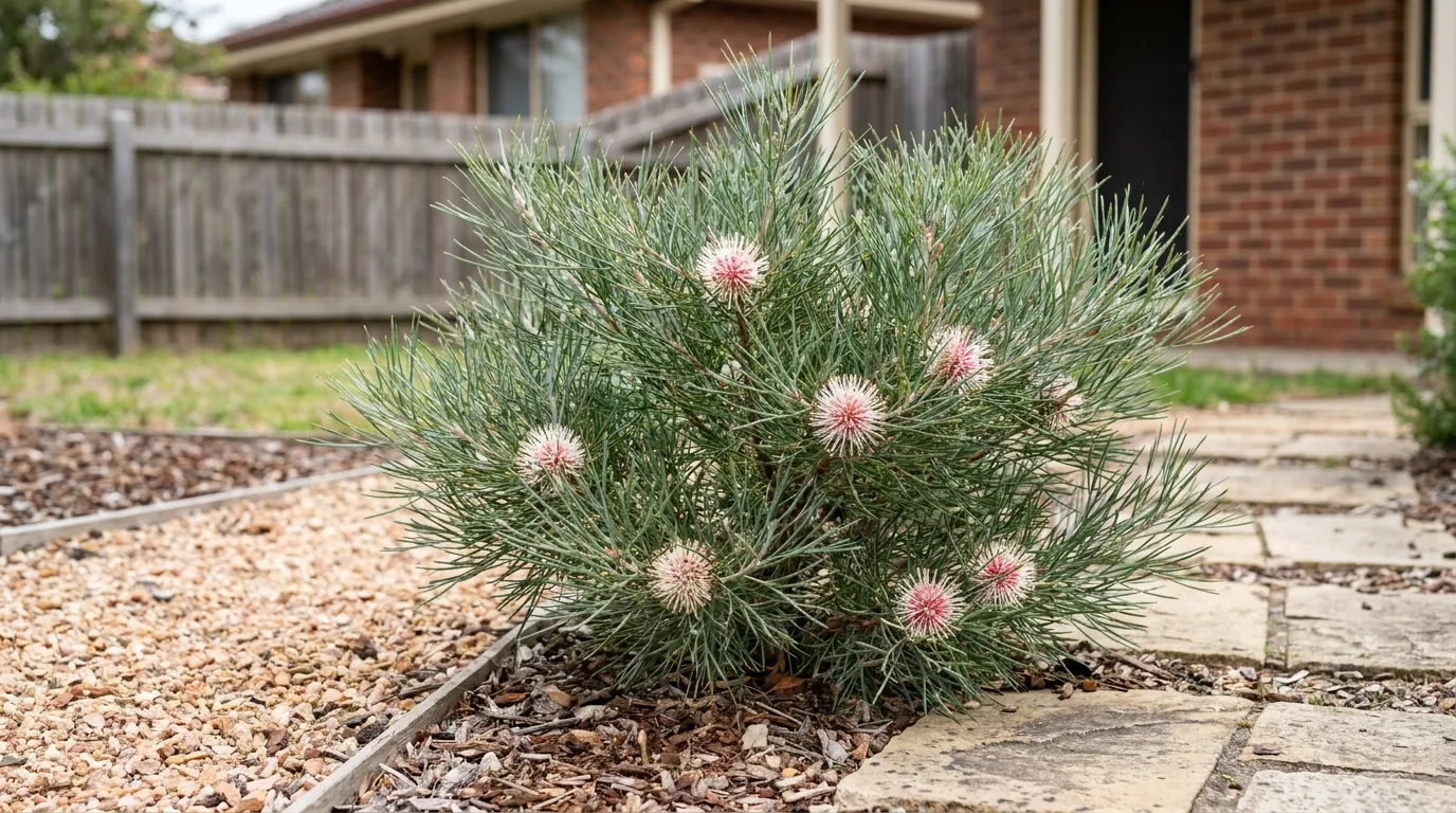 Mature dwarf Hakea 'Mini Pini' growing as a compact rounded shrub in an Australian garden