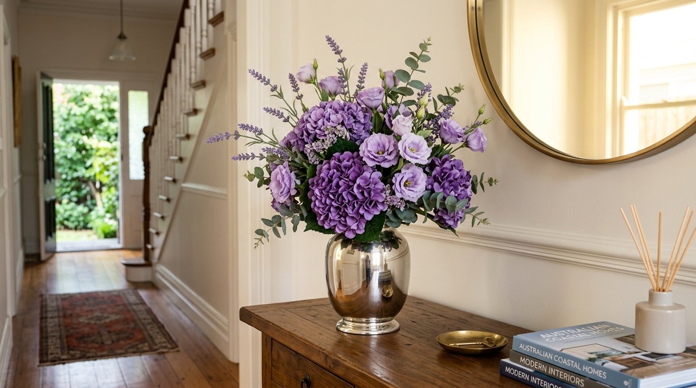 Close-up of lifelike faux lavender stems showing delicate purple buds and soft texture