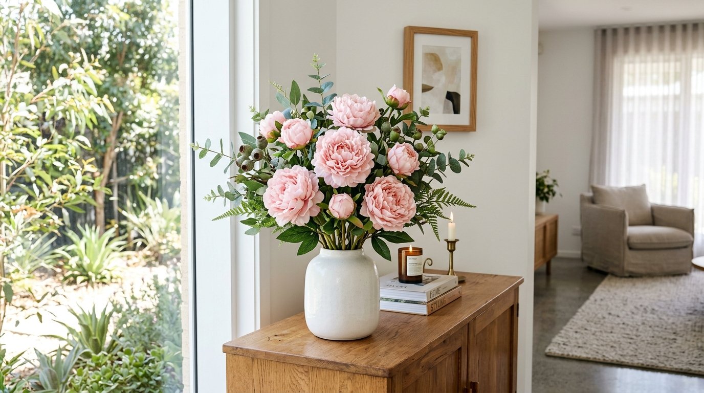 Close-up of a single lifelike faux peony bloom showing layered ruffled petals and soft colour gradient