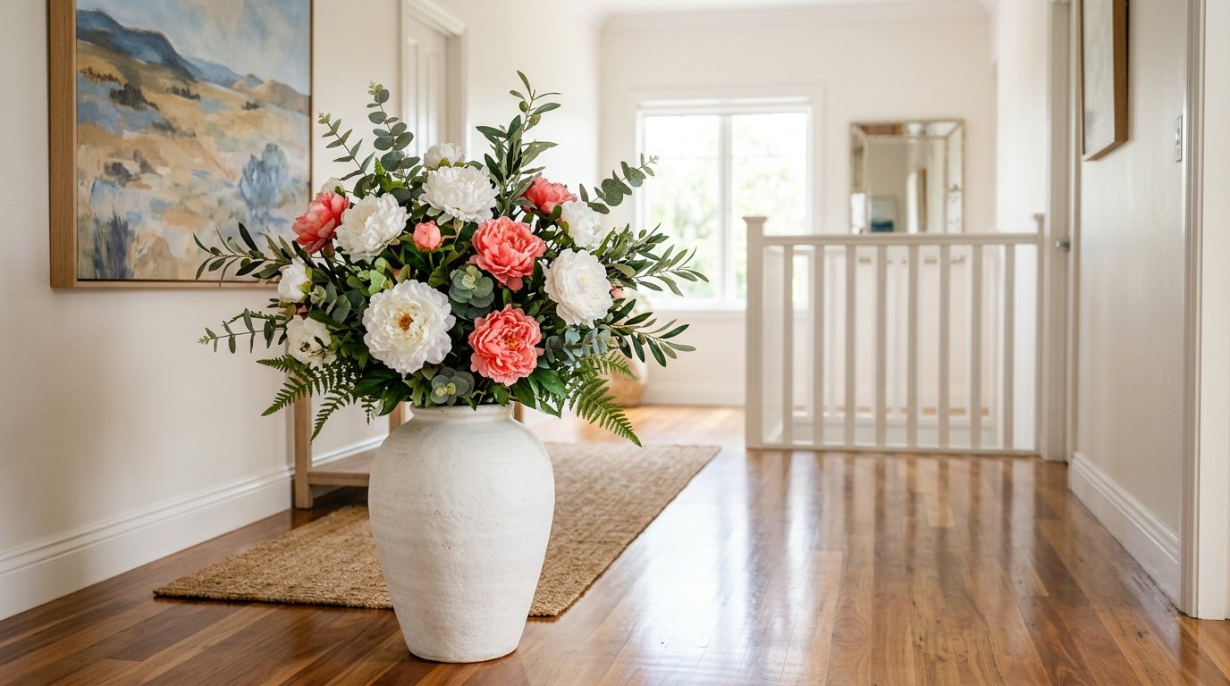 Wedding-style table centrepiece of faux peonies in soft pastel tones on a decorated event table