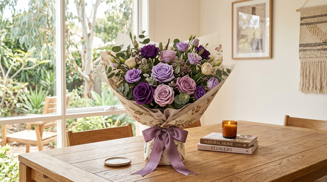 Wedding reception table with a tall centrepiece of faux purple and lavender flowers with candles
