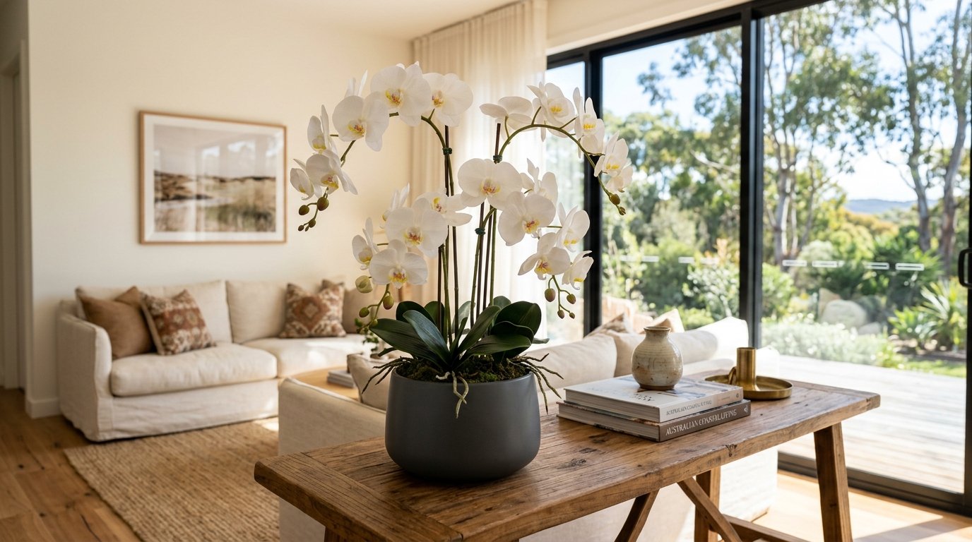 Elegant faux purple orchid stem in a tall glass vase as a centrepiece on a dining table