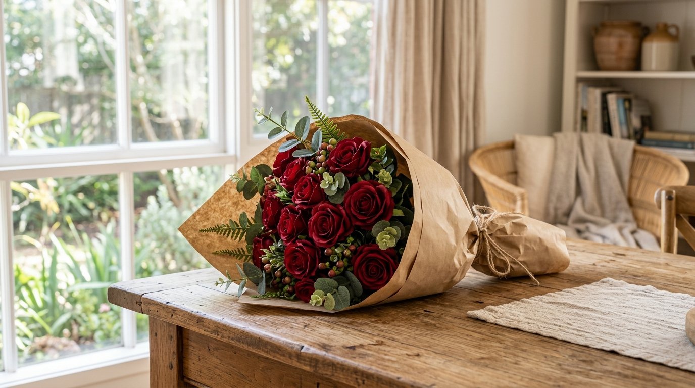 Close-up of a single lifelike faux red rose showing velvety layered petals and dewy real-touch texture