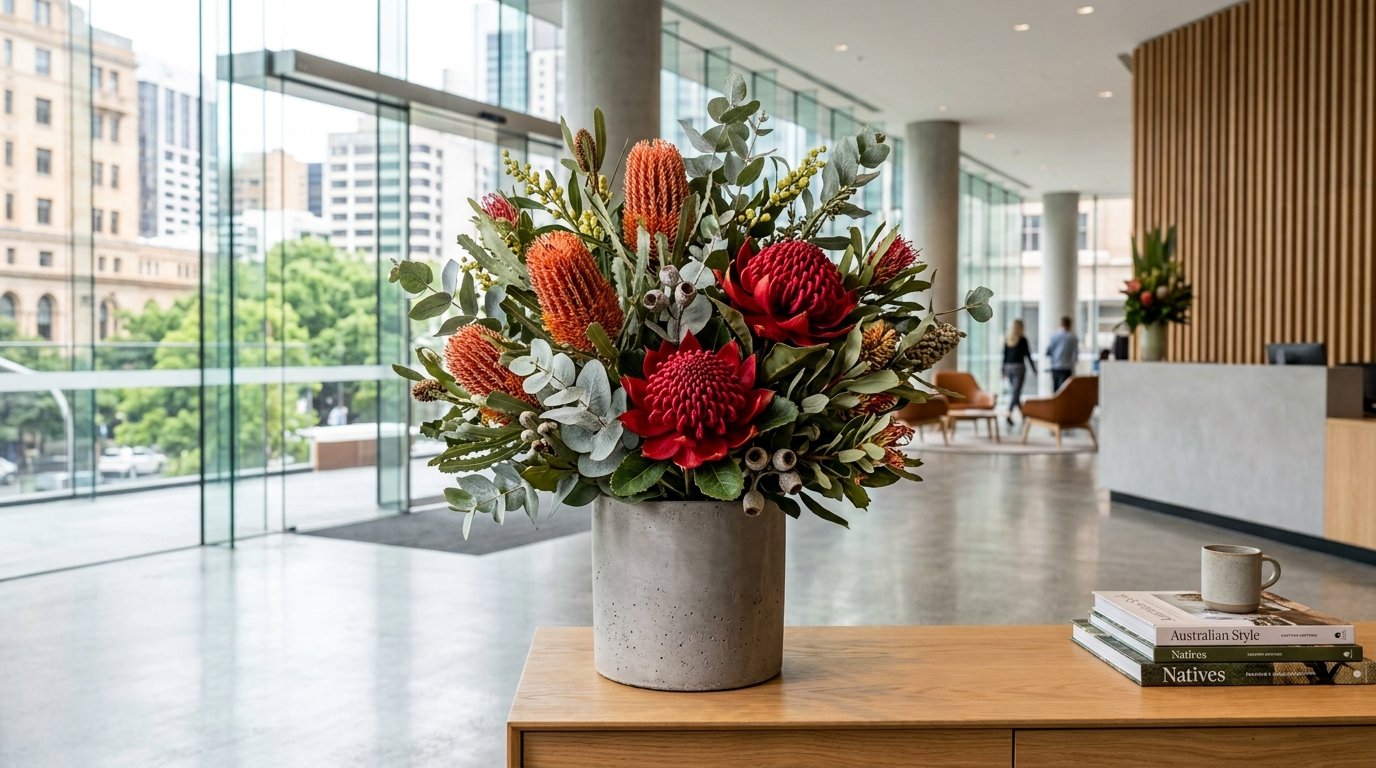 Close-up of a realistic faux red waratah bloom showing the detailed native texture