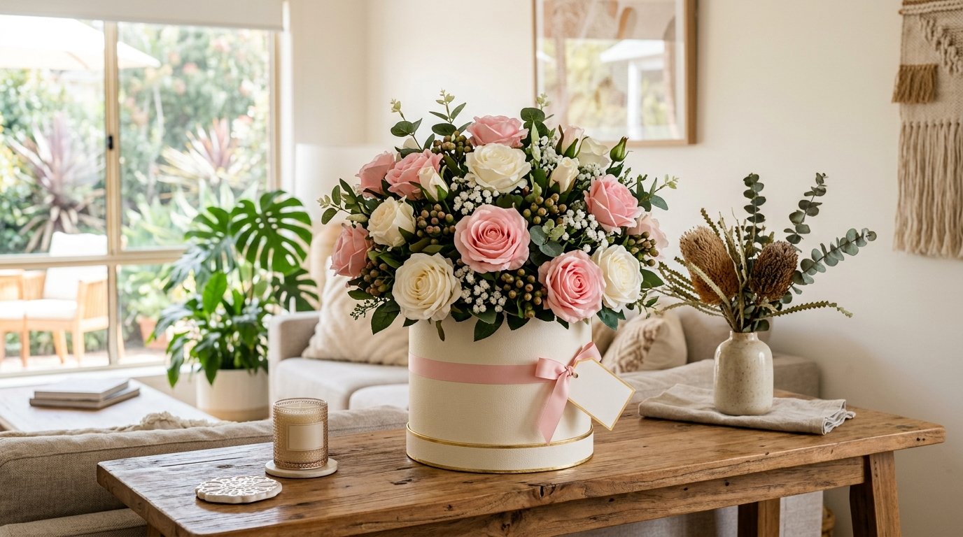 Tall vase of mixed faux roses in blush and cream on a wedding reception table with soft candlelight