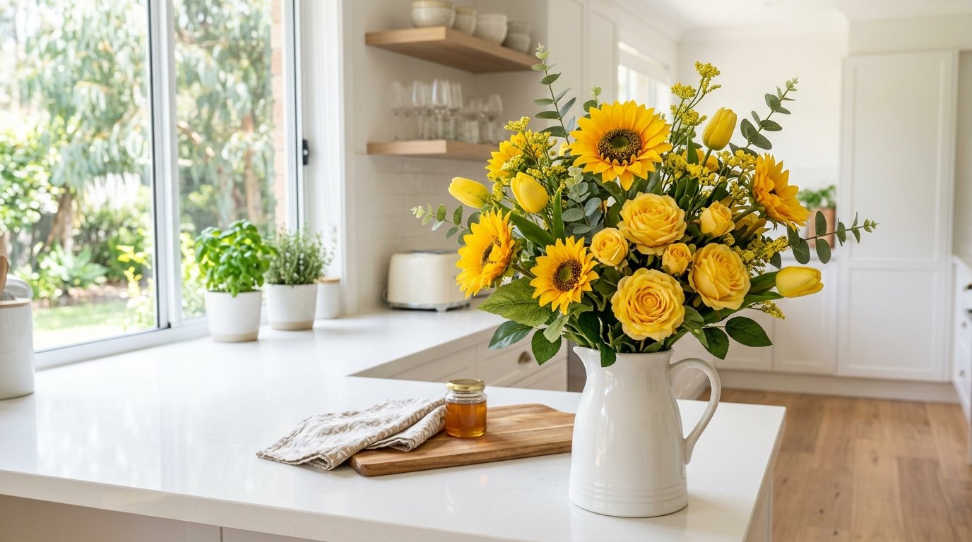 Close-up of a lifelike faux yellow sunflower showing realistic petals and textured centre