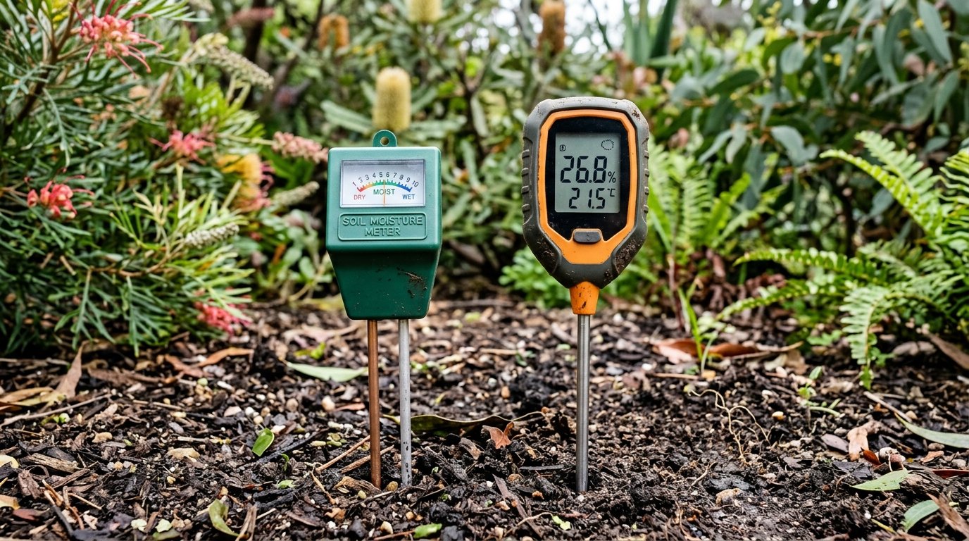 Pushing a finger into garden soil to check moisture by hand