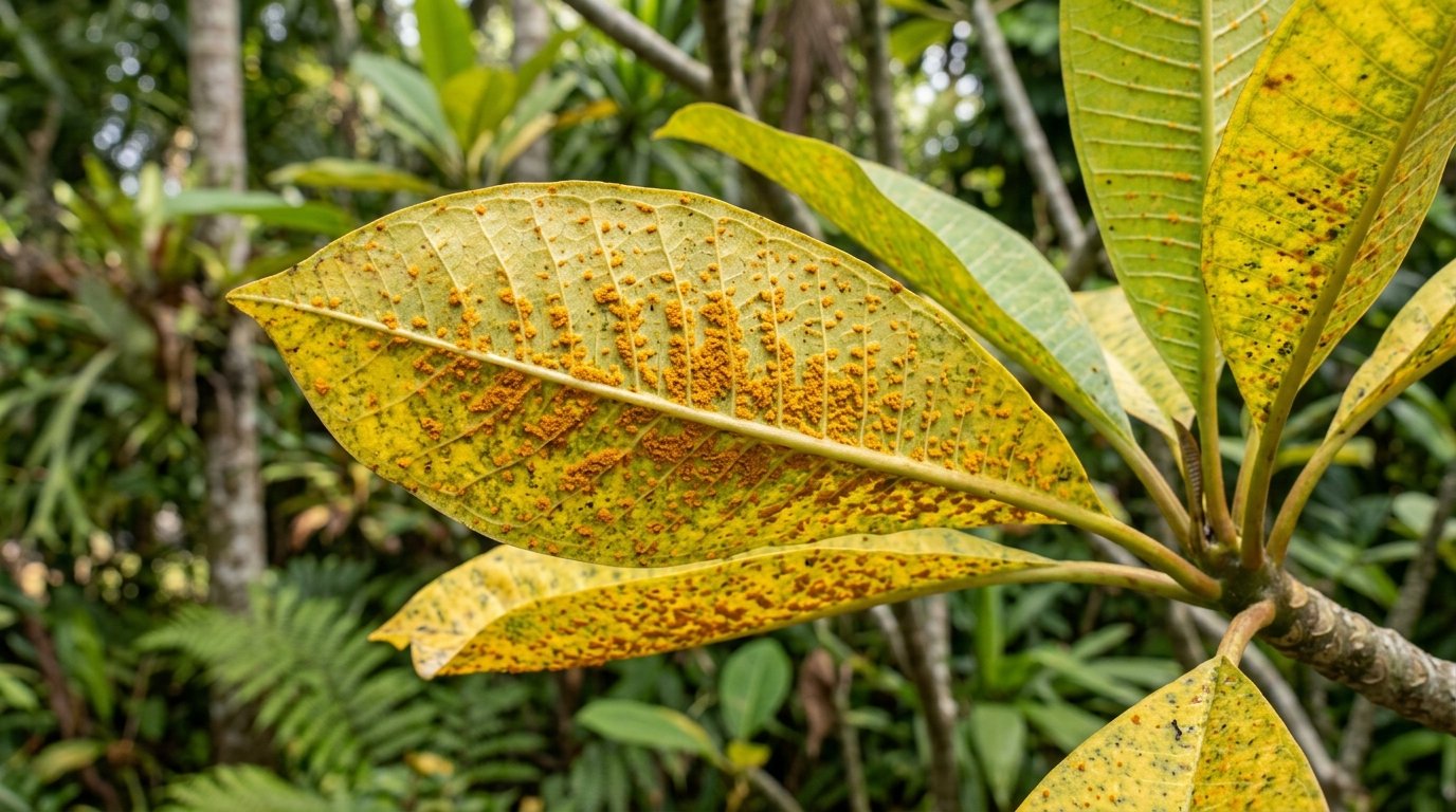 Frangipani leaves showing orange rust pustules underneath, a common Australian plumeria problem