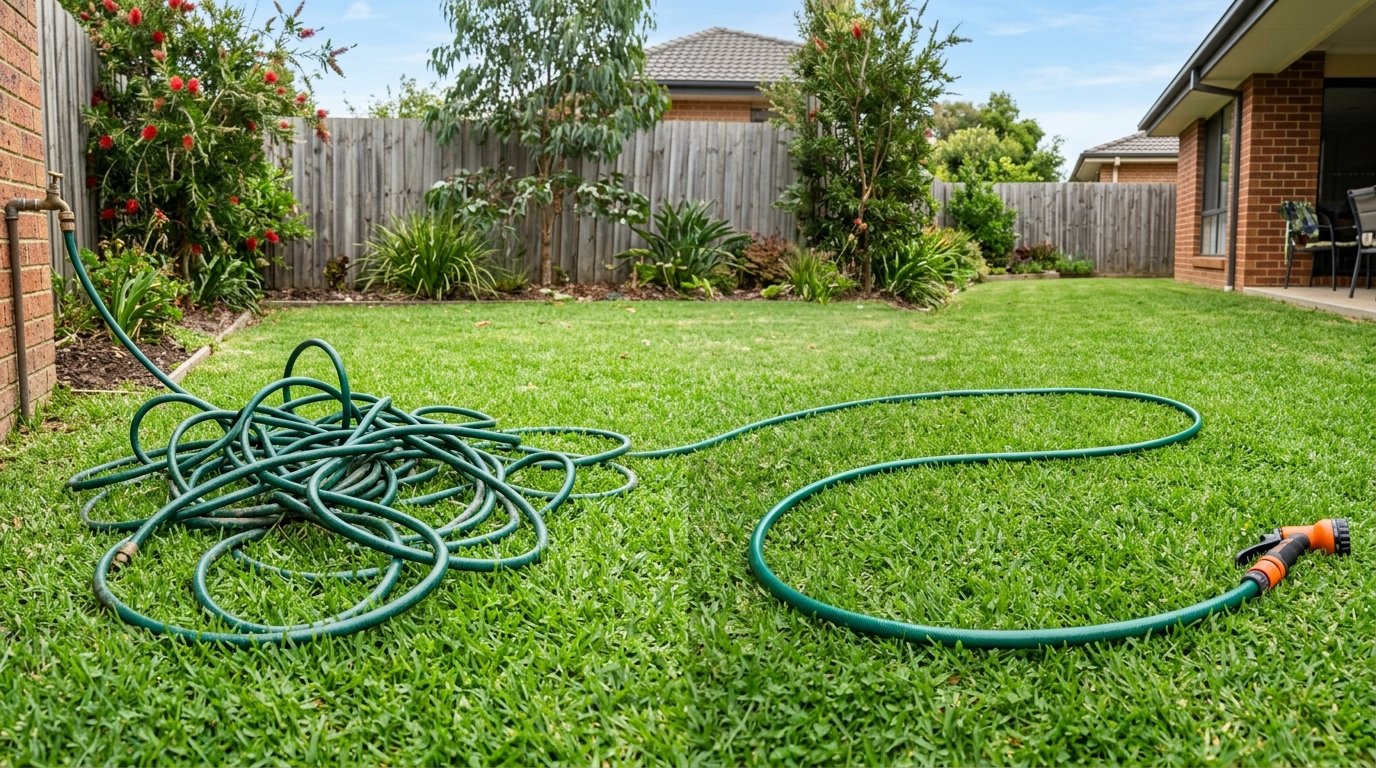 Close-up of brass garden hose fittings and quick-connect connectors