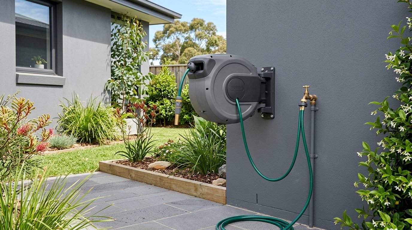 A portable garden hose reel cart on a lawn