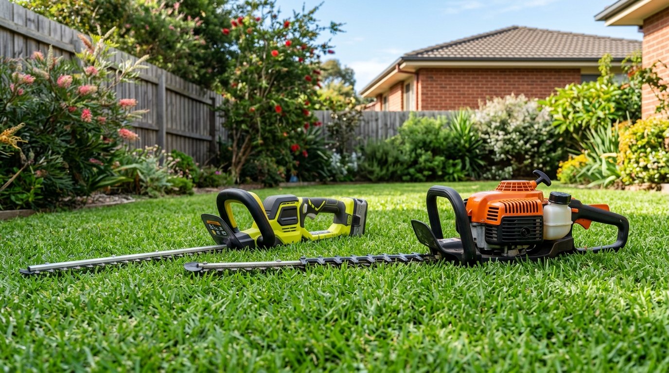 A set of garden power-tool battery packs and a charger