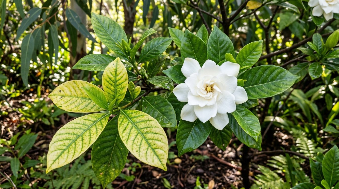 Gardenia plant with glossy foliage and a white bloom in an Australian garden
