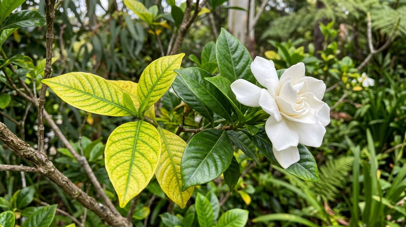 Gardenia plant with a white flower and yellowing leaves showing green veins from iron deficiency