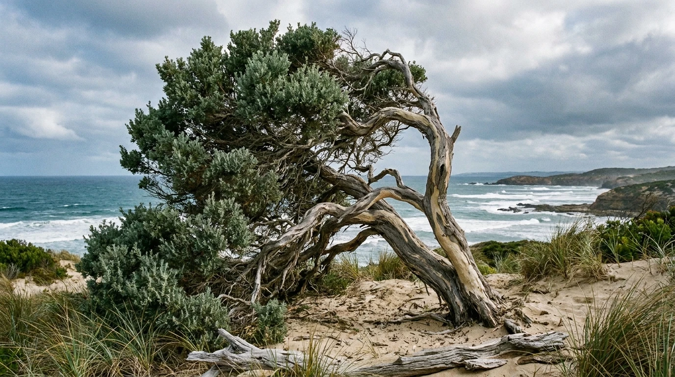 Wind-sculpted coastal tea tree (Gaudium laevigatum) on an exposed Australian dune