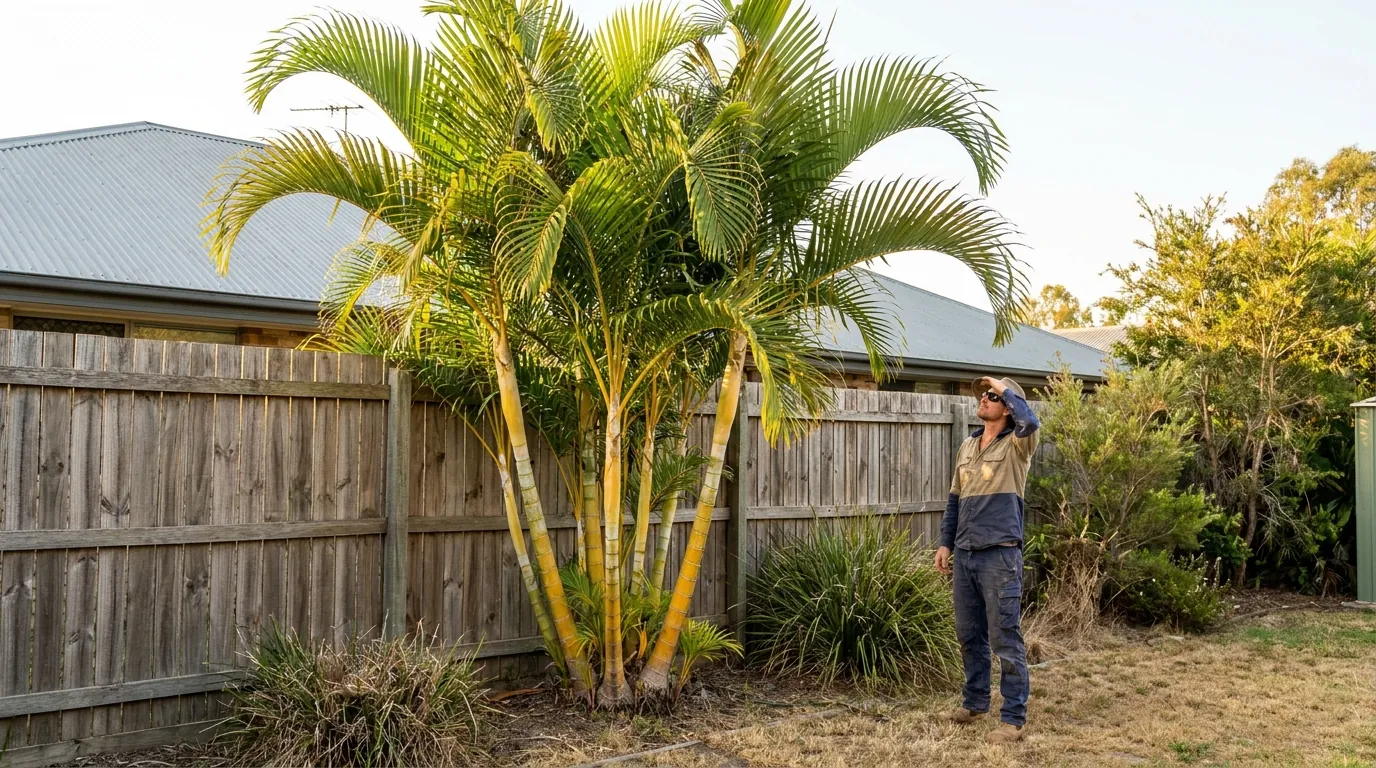 Established Golden Cane Palm clump grown as a privacy screen along a fence in an Australian garden